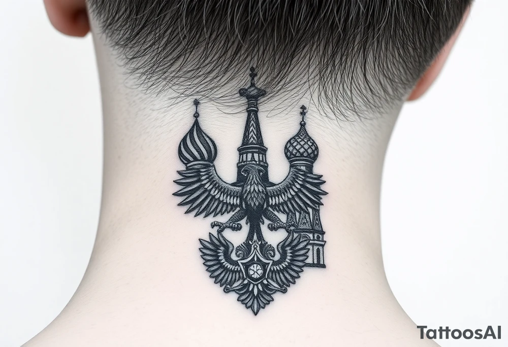 St. George 
3 russian imperial crowns above the Russian coat of arms double eagle
Russian sabre
The Kremlin or St. Basil's Cathedral scene 
on the side of my neck tattoo idea