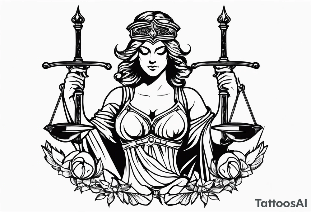 Lady justice with blindfolded eyes, holding a sword in the one hand and a libra in the other tattoo idea
