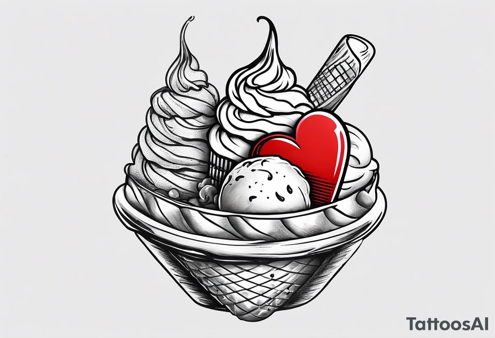 ice cream cone with one round scoop of ice cream and a red heart tattoo idea