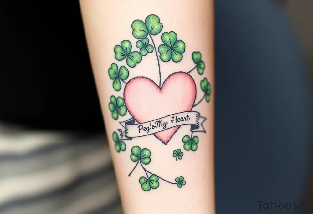 A ton of green shamrocks and a big pale pink heart with a banner across the heart that says Peg 'o My Heart tattoo idea