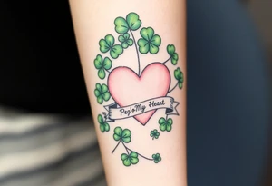 A ton of green shamrocks and a big pale pink heart with a banner across the heart that says Peg 'o My Heart tattoo idea