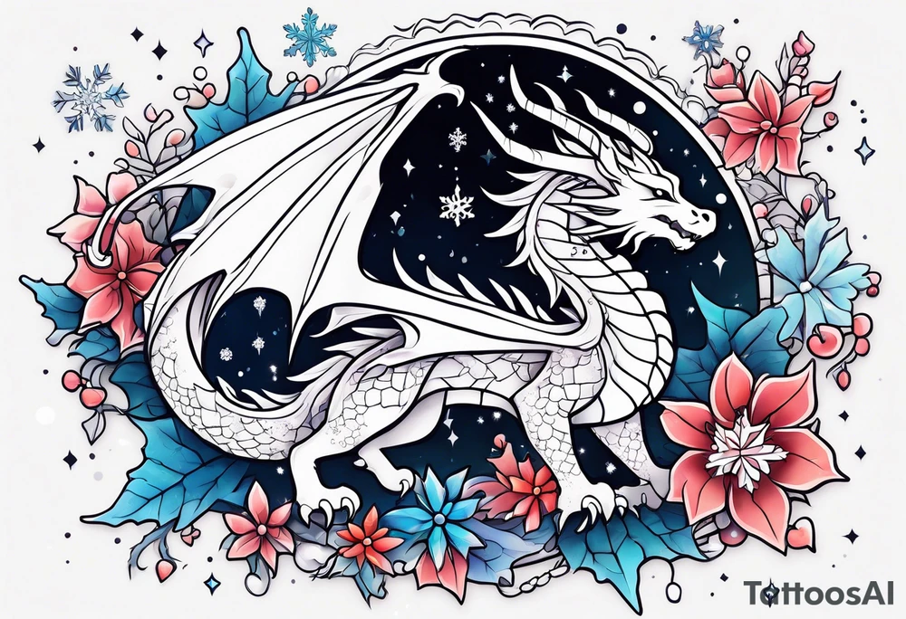 Constellation, kawaii dragon, snowflake tattoo idea