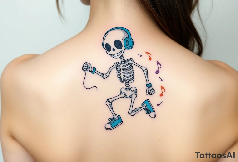 Cute smiling skeleton jumping on a jump rope with blue headphone and blue tennis shoes and blue armbands with colorful music notes tattoo idea