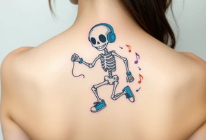 Cute smiling skeleton jumping on a jump rope with blue headphone and blue tennis shoes and blue armbands with colorful music notes tattoo idea