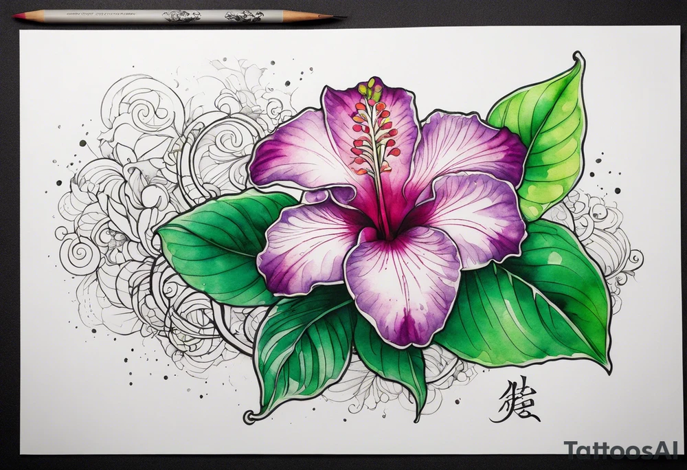 An outline of an only green rio dipladenia flower and a green and purple watercolor splash in the background tattoo idea