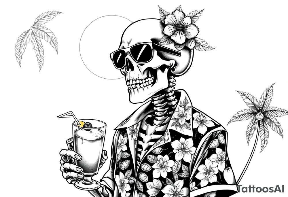 a skeleton in hawaiian shirt, palms, a cocktail,sun,sun-glasses,"Take it easy and relax"! tattoo idea