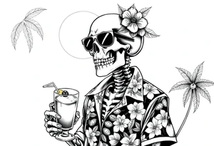 a skeleton in hawaiian shirt, palms, a cocktail,sun,sun-glasses,"Take it easy and relax"! tattoo idea