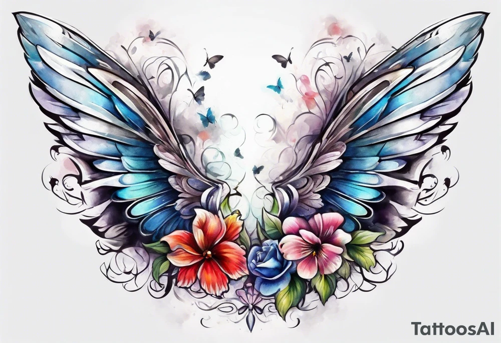 Leg sleeve Angel wing and butterfly tattoo idea