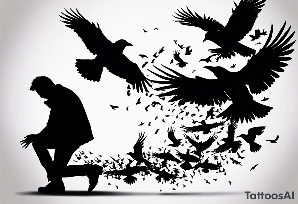 Silhouette of a man on his knees bent over with crows flying out his back like pieces of him flying away. tattoo idea