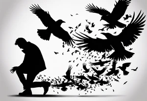 Silhouette of a man on his knees bent over with crows flying out his back like pieces of him flying away. tattoo idea