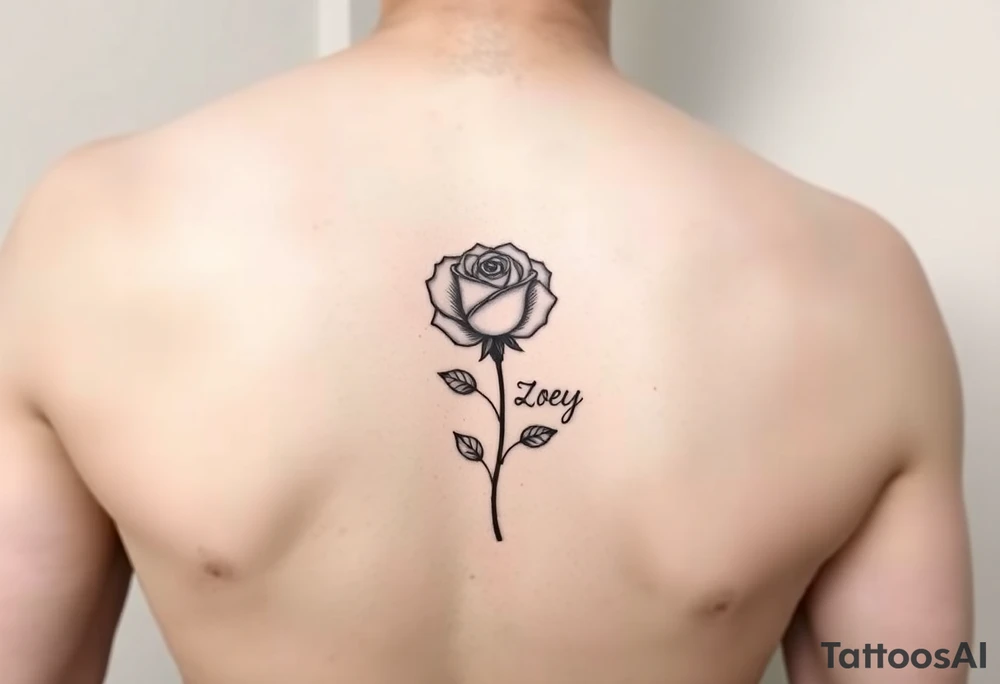 Arm tattoo with a rose and the name Zoey in cursive for the stem tattoo idea