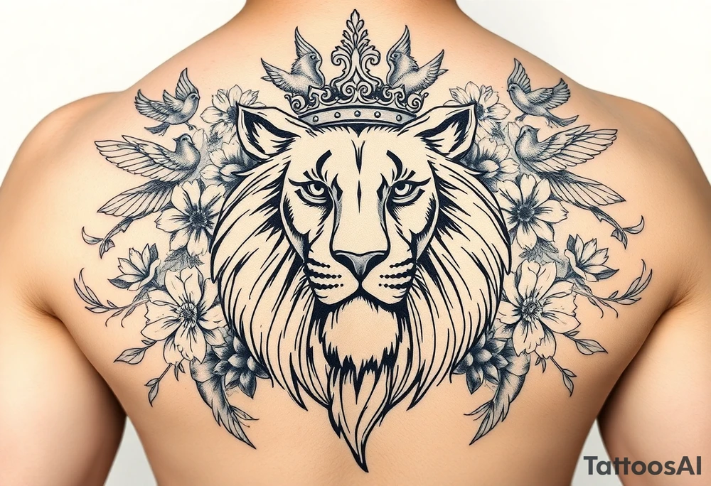 powerful majestic lion with a crown, surrounded by floral ornaments and birds tattoo idea