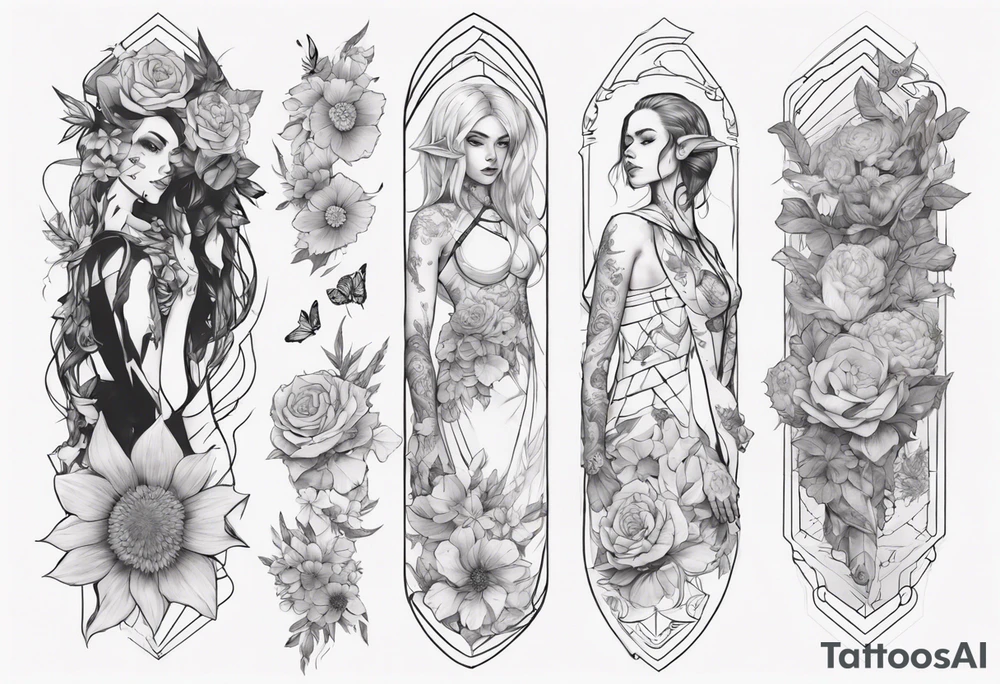 sleeve with many flowers around it and a dark elf girl tattoo idea