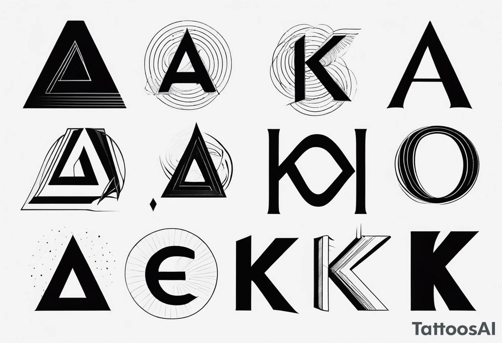 Generate small and minimalistic tattoo that includes the letters: A, K, E, O tattoo idea