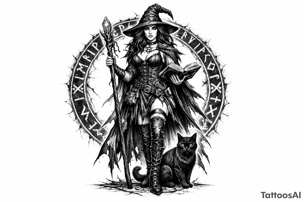 Full body illustration of a witch with a cat, surrounded by a circle of glowing runes. tattoo idea
