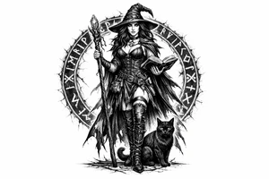 Full body illustration of a witch with a cat, surrounded by a circle of glowing runes. tattoo idea