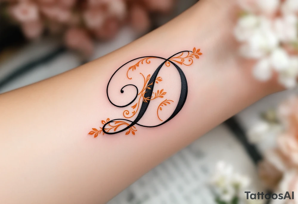 Elegant Script D – A flowing cursive letter D in black ink with delicate orange filigree details wrapping around the curves. tattoo idea