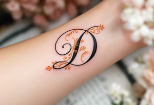 Elegant Script D – A flowing cursive letter D in black ink with delicate orange filigree details wrapping around the curves. tattoo idea