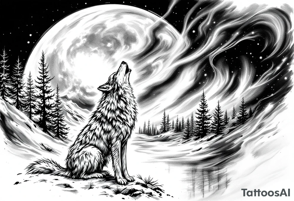 lone wolf howling at full moon with northern lights backdrop tattoo idea