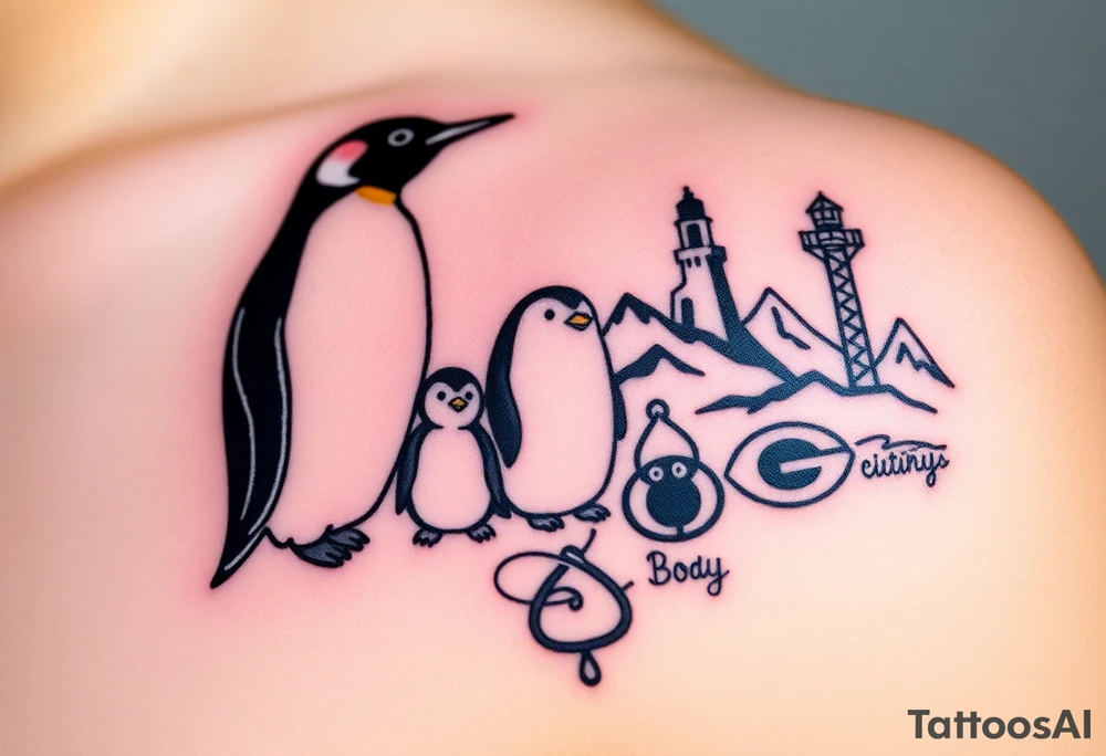 compilation outlining important things in my life such as one adult emperor penguin and 3 baby penguins, celtic trinity knot, lighthouse, mountains/nature, the green bay packers, and something to represent my 3 boys tattoo idea