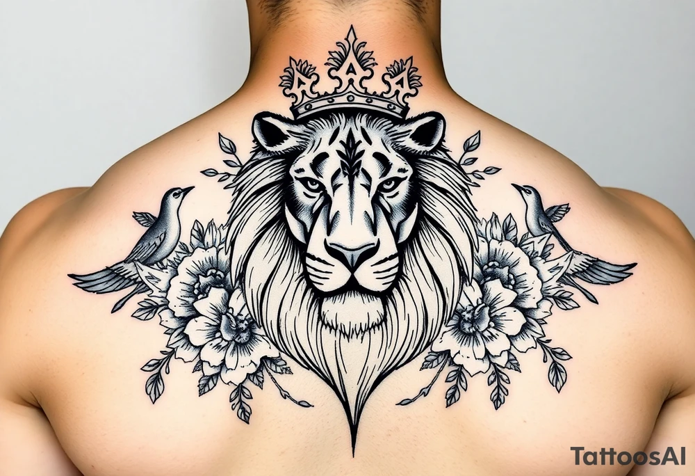 powerful majestic lion with a crown, surrounded by floral ornaments and birds tattoo idea