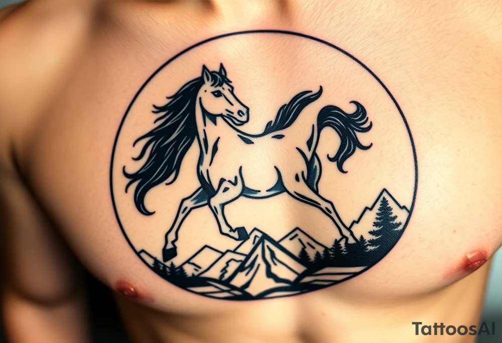A golden mustang horse with black mane and legs, captured in motion inside a circle. The mountains and nature should frame the design, blending with the horse's black fur as a base to represent the landscape. Experiment with using the black fur to shape the mountains, playing with edges or interior details. tattoo idea