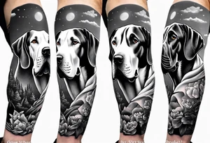 (full arm sleeve on guy) with (4) Four Great Dane floppy ear dogs with an outdoor vibe tattoo idea