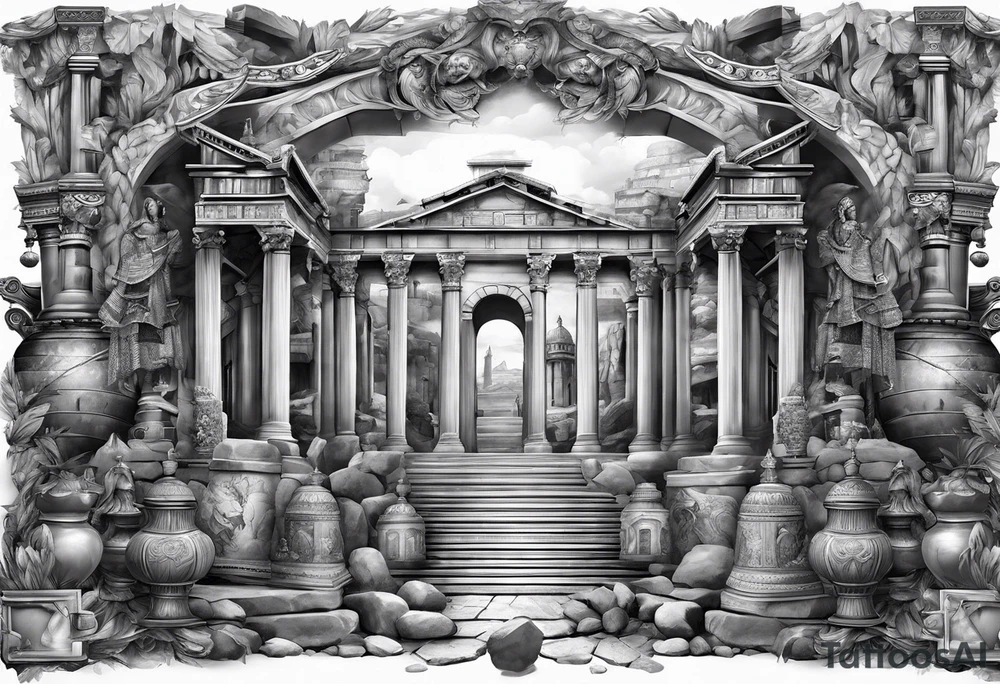 A full sleeve of Roman objects, buildings, and warriors tattoo idea