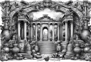 A full sleeve of Roman objects, buildings, and warriors tattoo idea