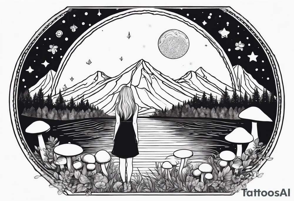 Straight blonde hair girl facing away toward mountains surrounded by mushrooms crescent moon mandala circular design black and white striped dress tattoo idea