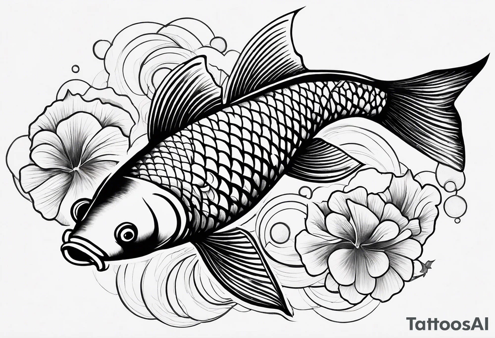 Koi fish, ginkgo leaf, minimalism style for tattoo, black and white ink sketch over textured paper tattoo idea