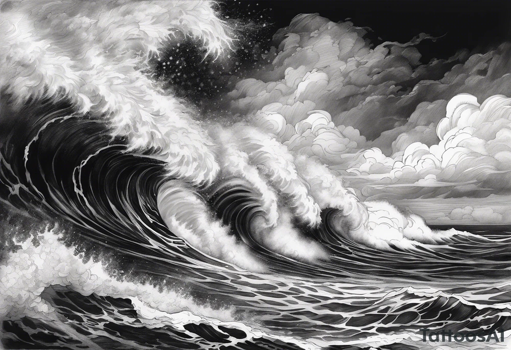 stormy sea waves, full-length woman in the middle of the storm tattoo idea
