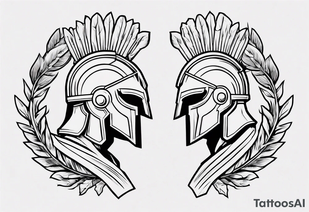 rectangular landscape format ultra-fine line linework vector of a spartan from the side, spartan spear, spartan shield, laurel wreath tattoo idea