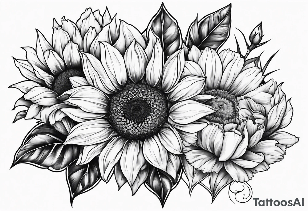 Sunflower,spray rose,carnations tattoo idea