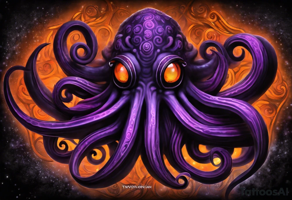 Cthulu

Black and Violet/Purple + Orange eyes
Head to be on right pec
9 Tentacles
Have 3 tentacles in a spiral for each right shoulder head
Have 1 tentacle on in a spiral for right bicep
Have 3 tentacles contouring the tricep, twirling down and around my right forearm
Have 2 tentacles wrapped around under my collar and double helix down my spinal column tattoo idea