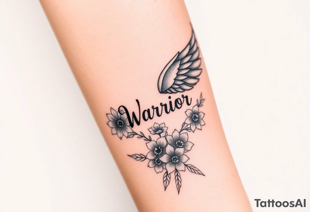 angel wing with word "Warrior" surrounded with flowers tattoo idea