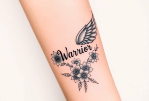 angel wing with word "Warrior" surrounded with flowers tattoo idea