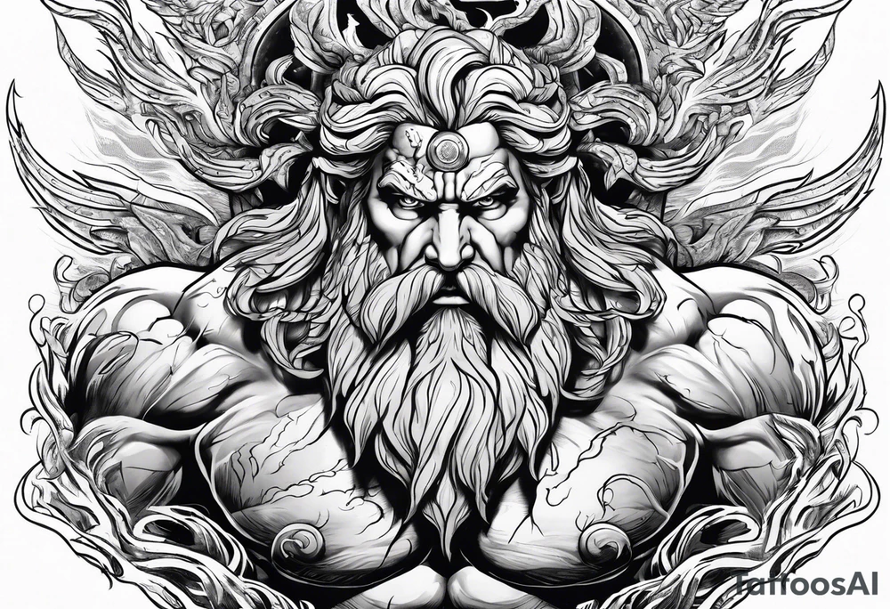 The enraged god Zeus the Thunderer with lightning bolts in a furious tattoo idea