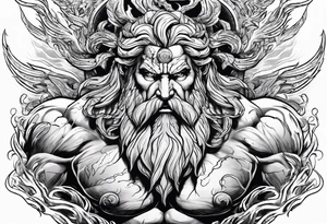 The enraged god Zeus the Thunderer with lightning bolts in a furious tattoo idea