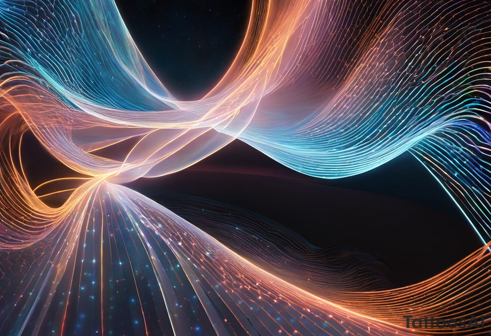 Imagine a sleek, luminescent ribbon—a blend of ethereal waves and subatomic particles—winding around your skin. The ribbon pulses with energy, its undulating peaks and troughs hinting at both wave and particle nature. Within this cosmic lattice, miniature quantum gates open and close, allowing glimpses into alternate realities. The circuitry lines intersect with the ribbon, bridging the quantum and cybernetic realms. tattoo idea