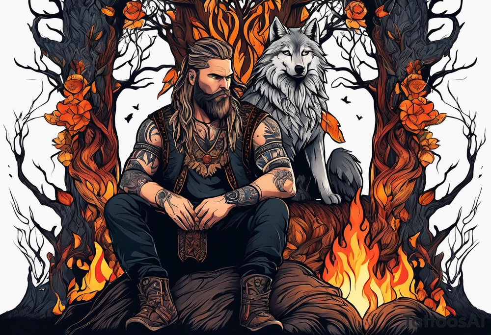 Germanic warrior
 sitting in front of a fire with the tree of life behind him and a wolf and a raven tattoo idea
