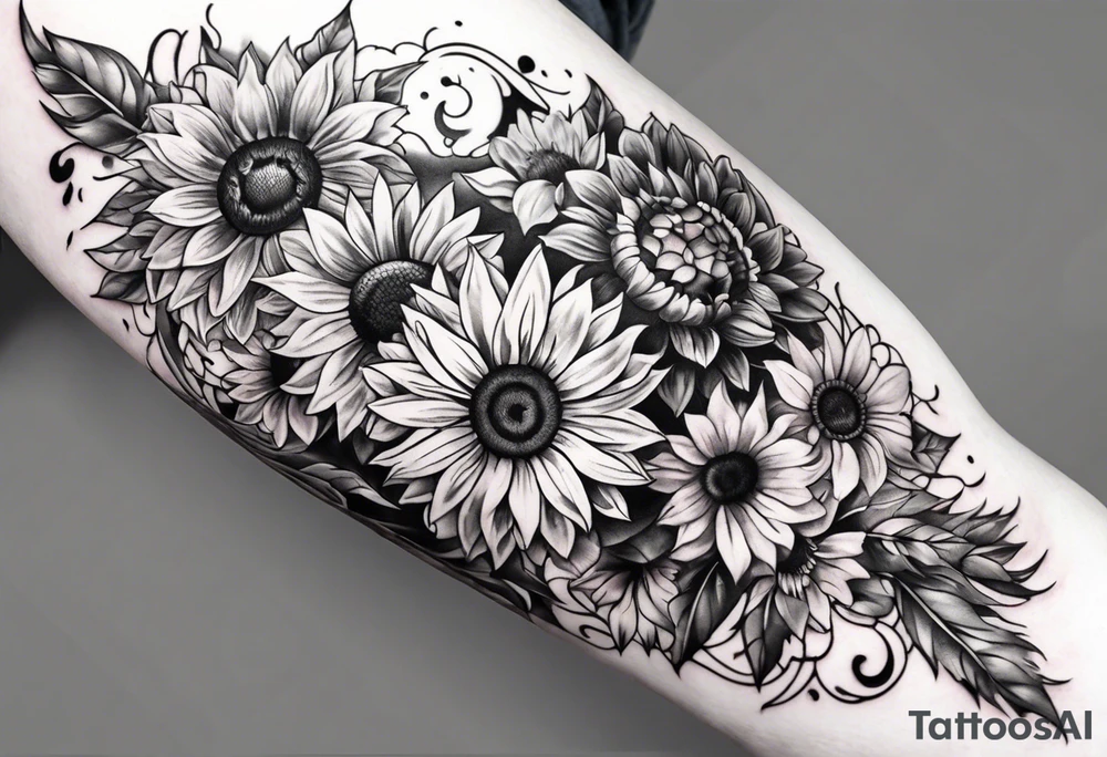 arm sleeve with winged cross, rainbow sunflowers and butterflies tattoo idea