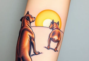 a mertle austrailian cattle dog and a tan pitbull standing looking out over into the sunset tattoo idea