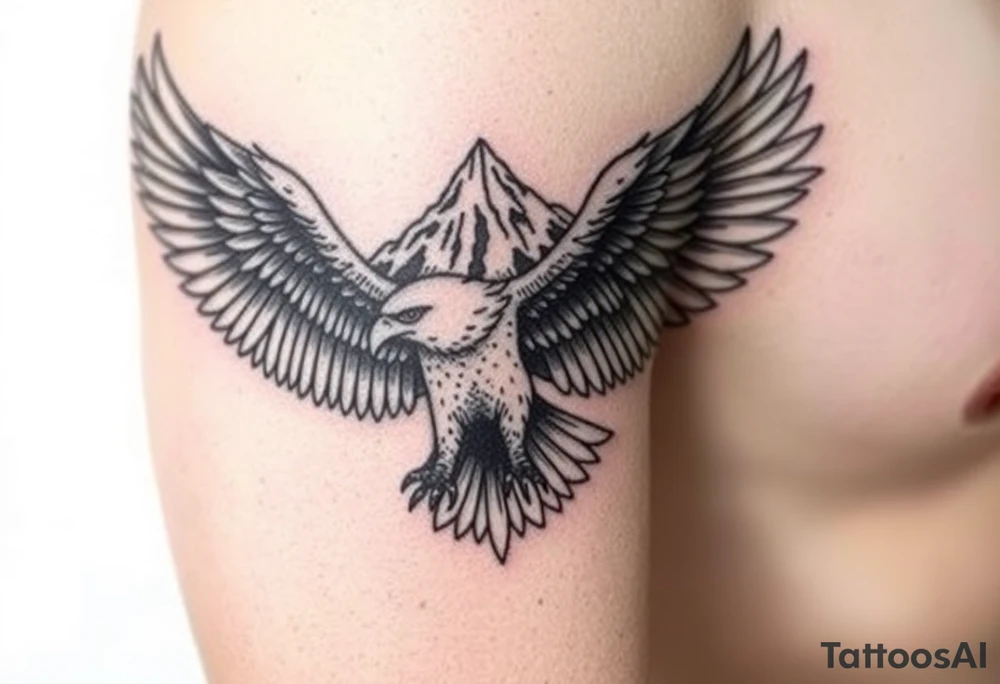 majestic eagle spreading wings against mountain peaks tattoo idea