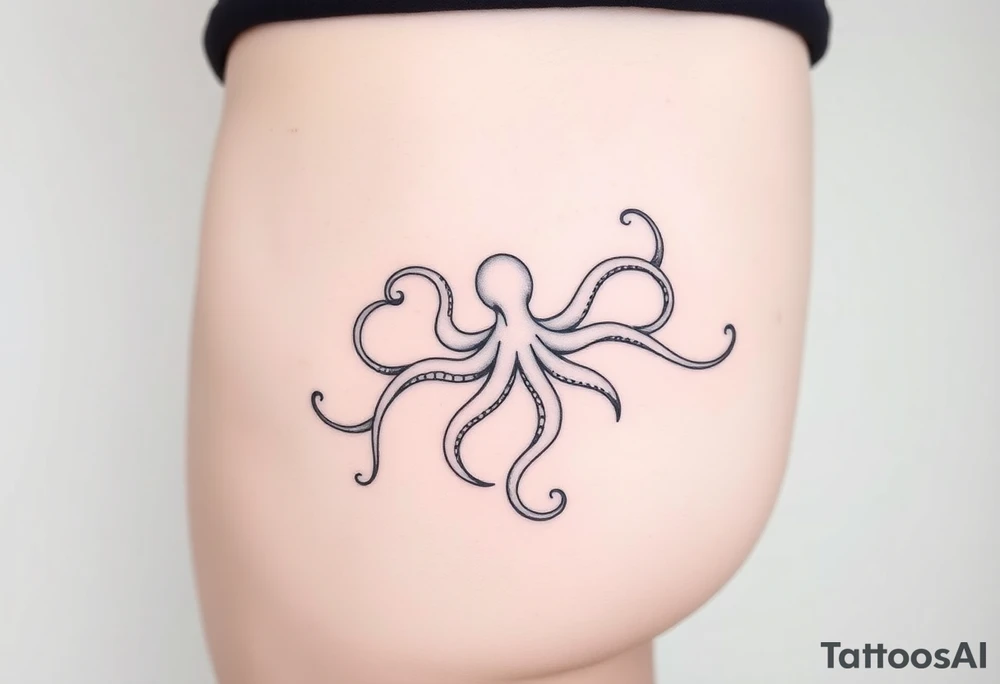 Delicate, abstract linework tattoo flowing from ribs to hip and thigh, in a fine-line minimal style. The composition mimics ink or oil floating in water, with smooth organic curves and swirls. Hidden within the pattern is a subtle silhouette or suggestion of an octopus – its tentacles seamlessly integrated into the flowing design, almost like a mirage. The tattoo should have the feel of liquid movement, like gasoline on water, iridescent and ethereal, but rendered in clean black ink lines. Artistic and modern, feminine and elegant, non-literal. Inspired by contemporary abstract tattoo artists like Pis Saro and Balazs Bercsenyi. tattoo idea