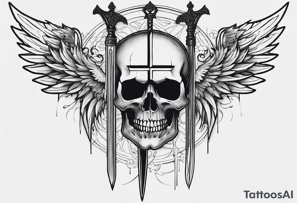In the center is a half skull pierced by a large sword. On either side of the skull, there are spread angel wings, Beneath the skull is a ribbon cross elements on that, ribbon weaves through both the skull and the sword tattoo idea