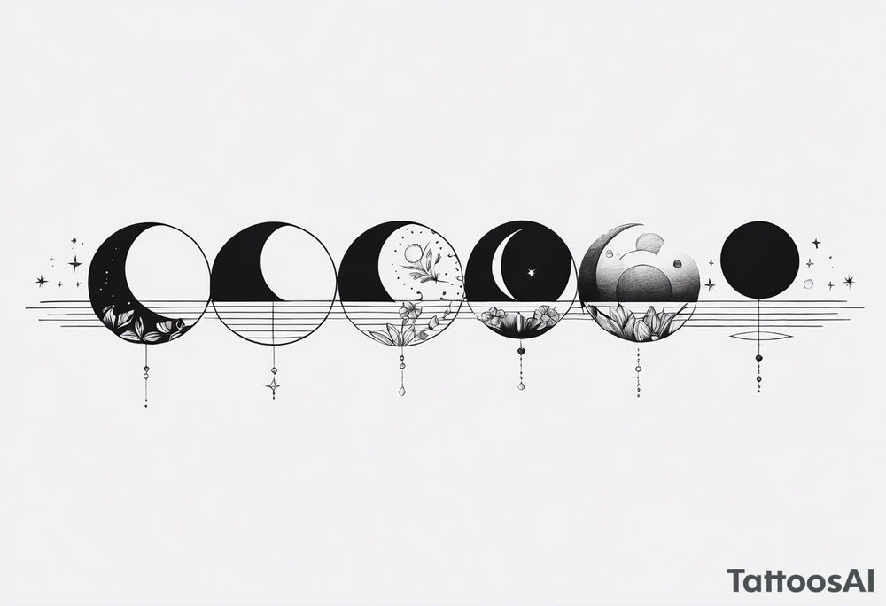 Strip of Moon phases in horizontal line, crystal, floral tattoo idea