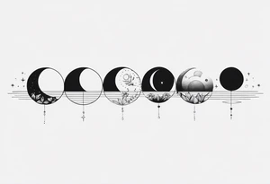 Strip of Moon phases in horizontal line, crystal, floral tattoo idea