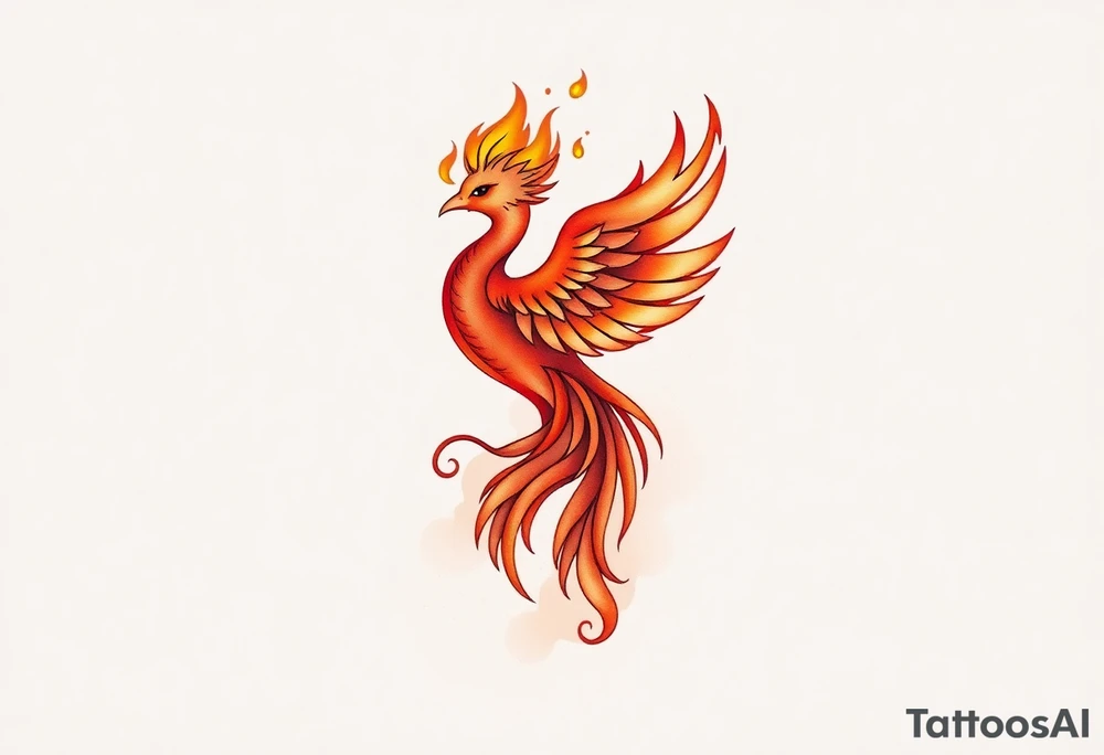 large fiery phoenix surrounded by fire. with a crown of fire flapping wings with a flaming tail tattoo idea