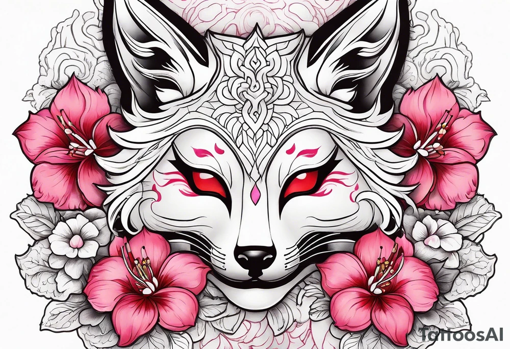 White japanese mask that looks like a kitsune with red accents and pink hibiscus flowers tattoo idea